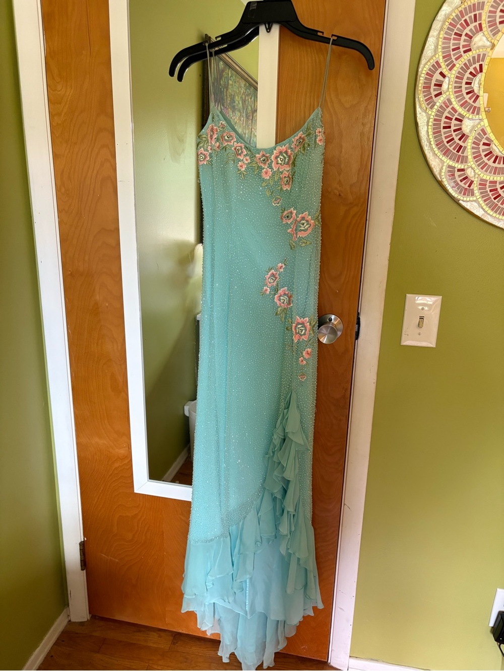 Jovani Aqua Blue Beaded Backless Gown with Pink Floral Appliqué